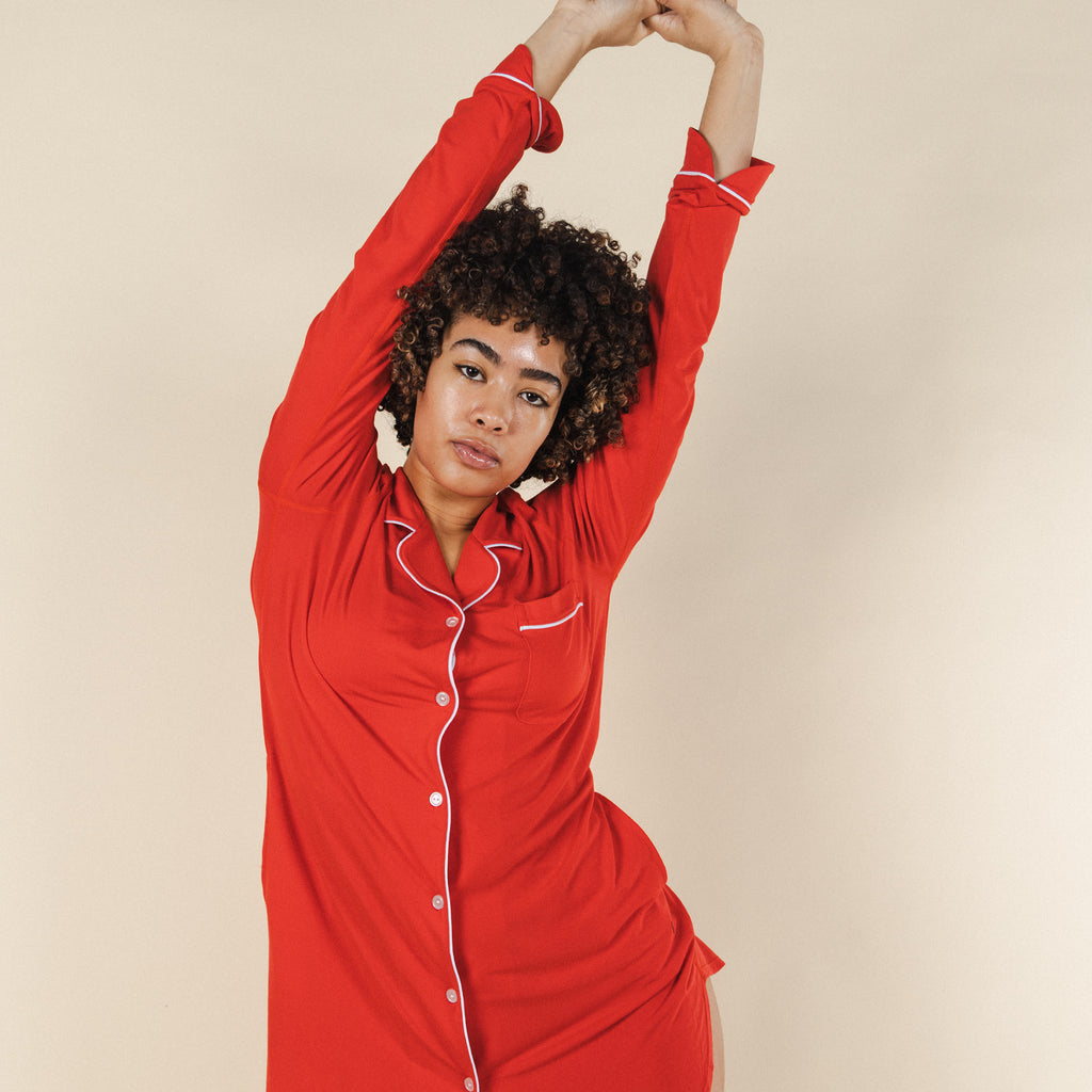 The Maraschino | Flame Scarlet Red SleepDeep™ Long Sleeve Pajama Dress - Shinesty