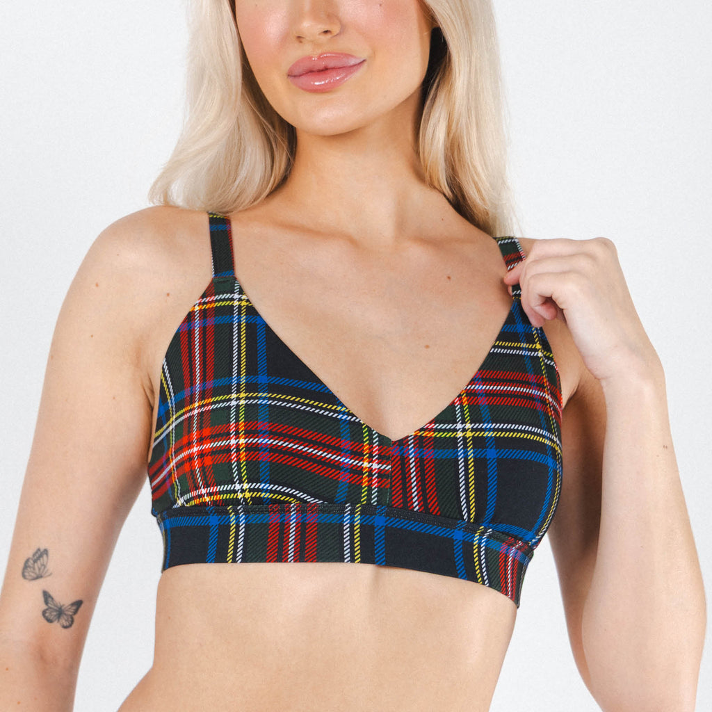The Cappuccino | Holiday Tartan Plaid Boob Hammock™ Plunge Bralette - Shinesty