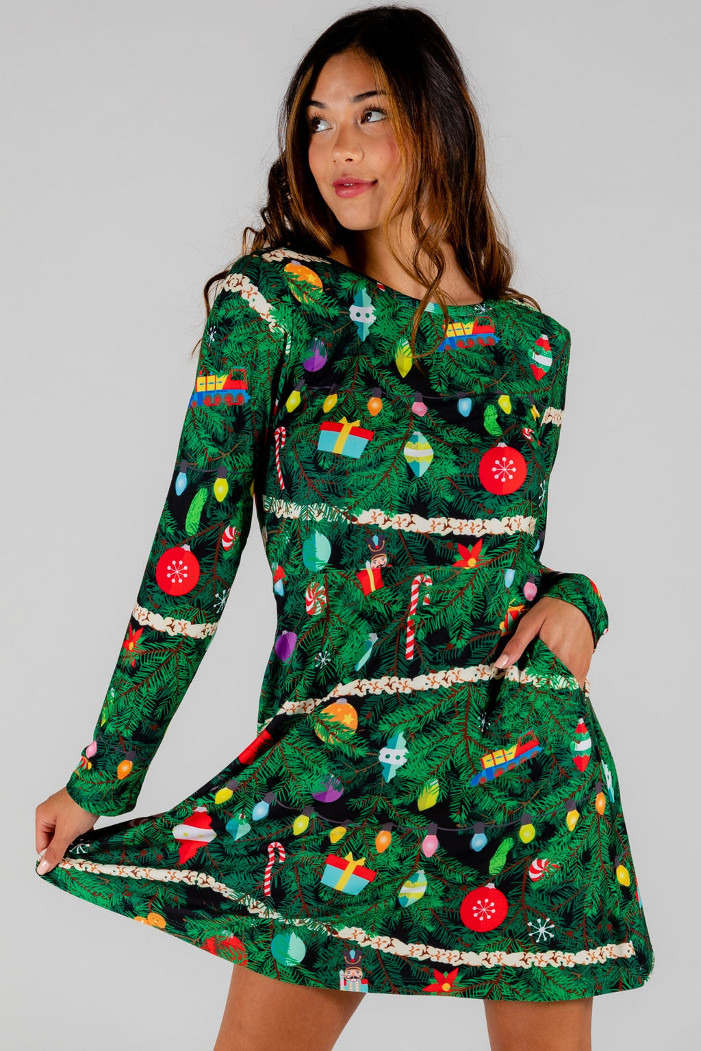 The Christmas Tree Camo | Christmas Tree Print Skater Dress - Shinesty