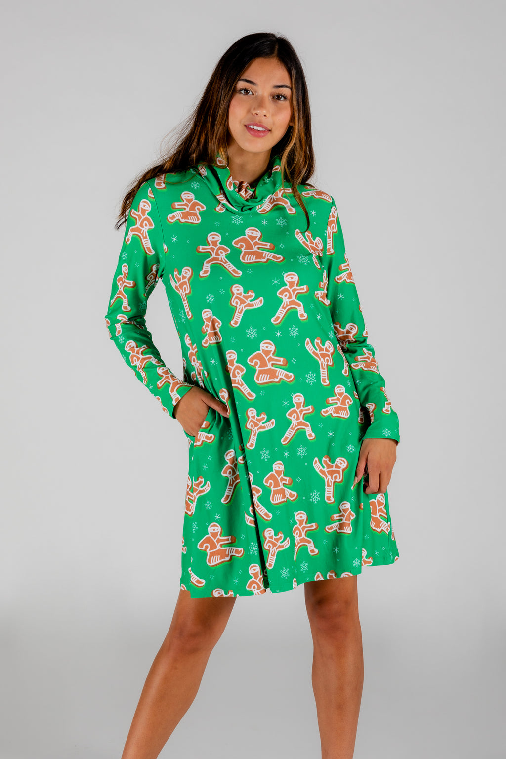 The Ninja Bread | Green Gingerbread Man Turtleneck Dress - Shinesty