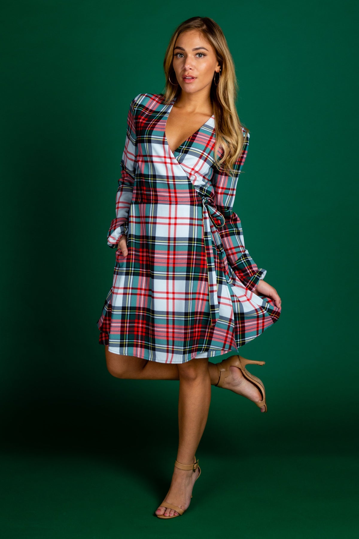 The Scotch on the Rocks | White & Red Plaid Christmas Wrap Dress - Shinesty