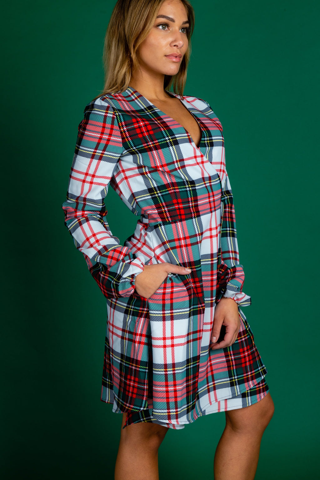 The Scotch on the Rocks | White & Red Plaid Christmas Wrap Dress - Shinesty