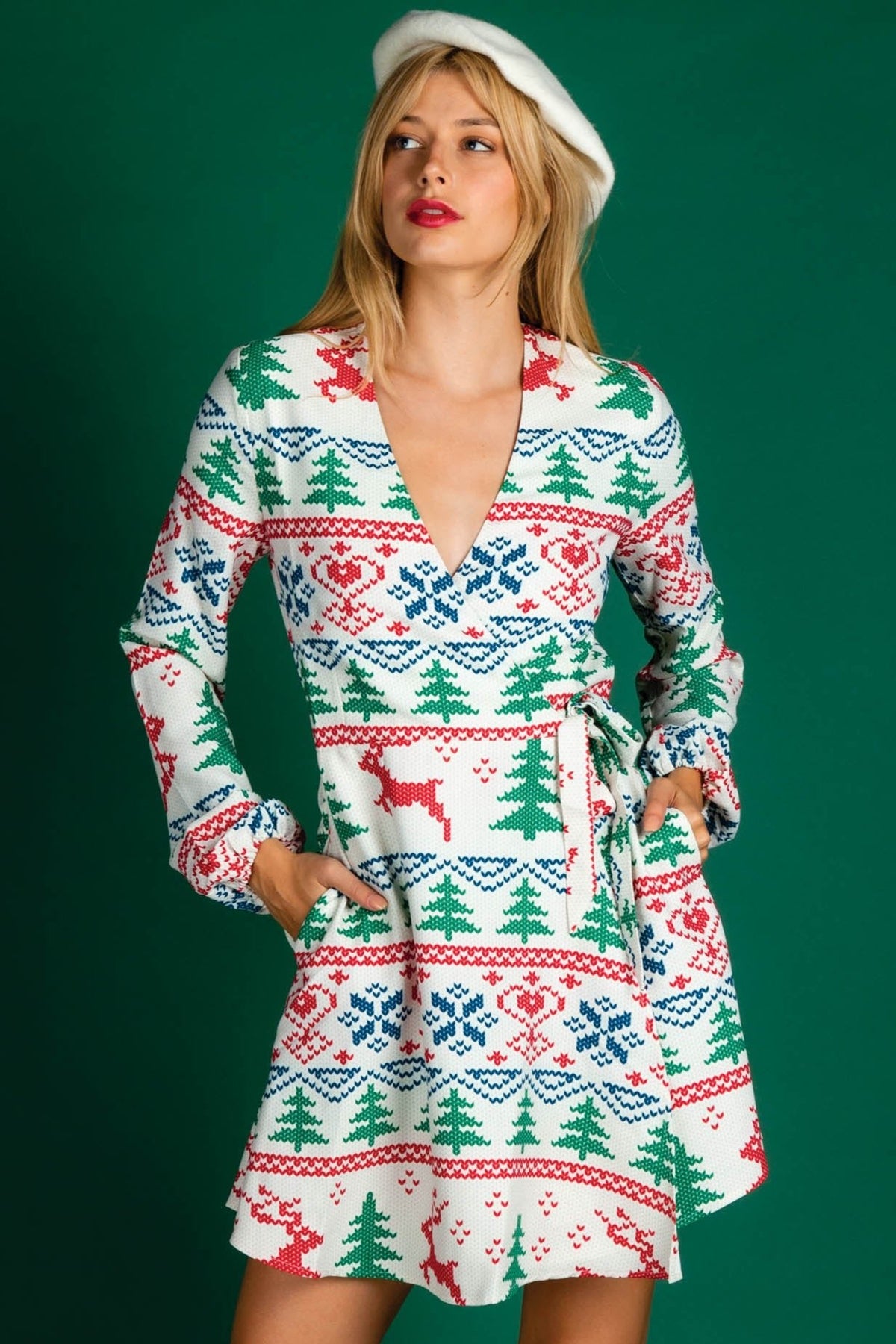 The Offly White Christmas | Fair Isle White Christmas Wrap Dress - Shinesty