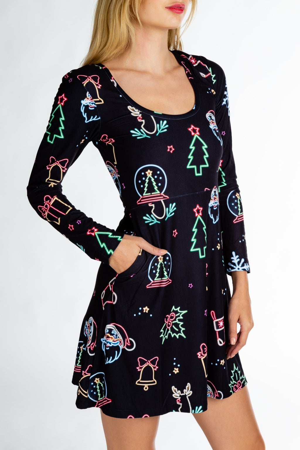 The Naughty Neon Noel | Neon Lights Christmas Skater Dress - Shinesty
