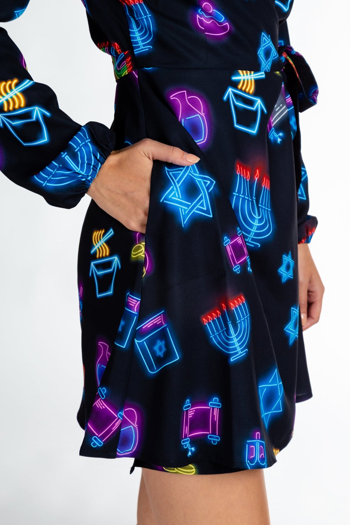 The Latke'd & Loaded | Neon Hanukkah Wrap Dress - Shinesty