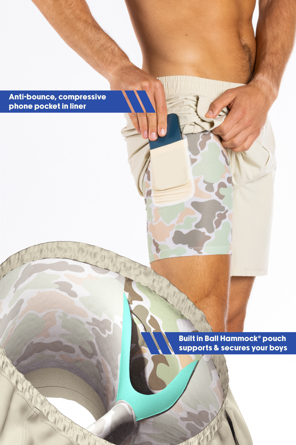 The Lieutenant | Khaki and Camo Ball Hammock® 7 Inch Athletic Shorts - Shinesty
