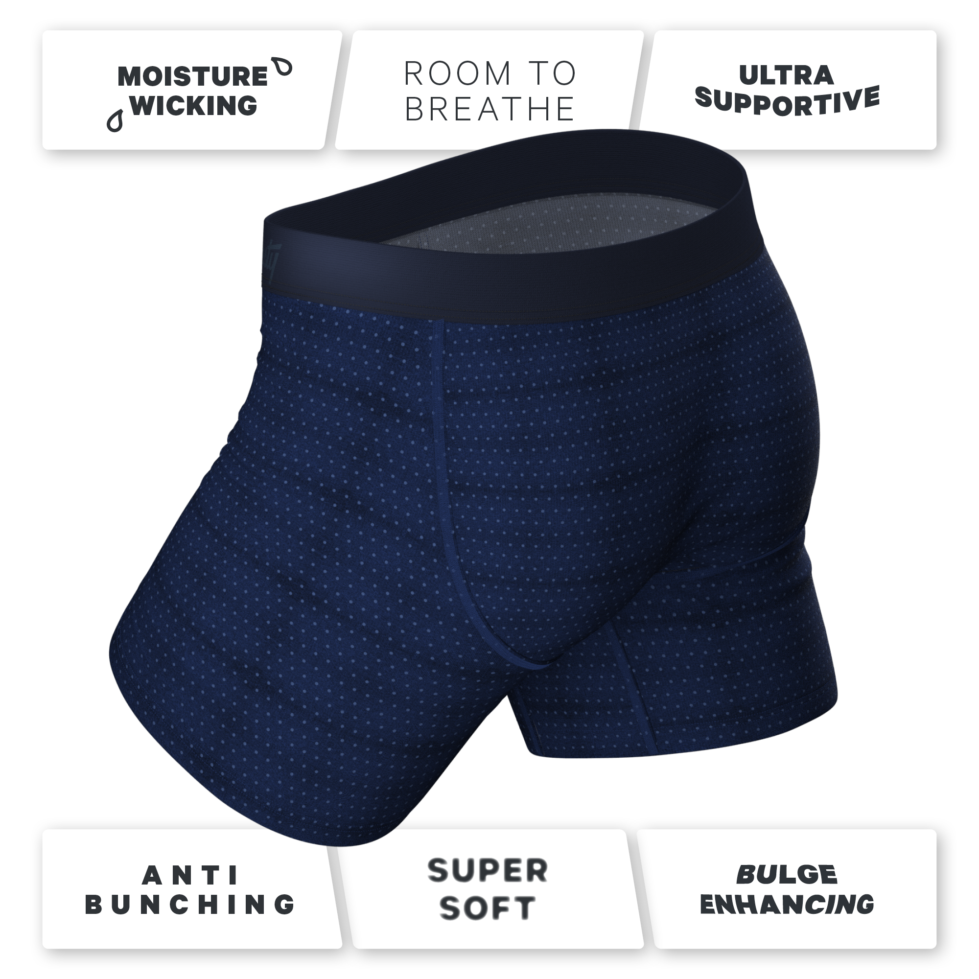 The Forget Me Not | Navy Dot Ball Hammock® Pouch Underwear With Fly - Shinesty