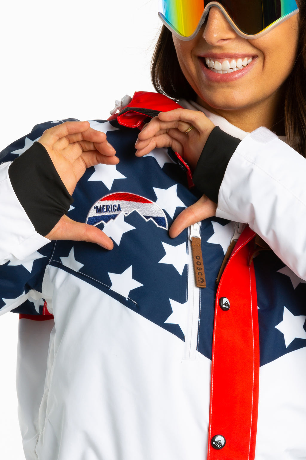 The First Chair | Retro American Flag Women's One Piece Ski Suit - Shinesty