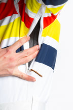 The Mogul Maniac | Mens White Retro Striped Ski Suit - Shinesty